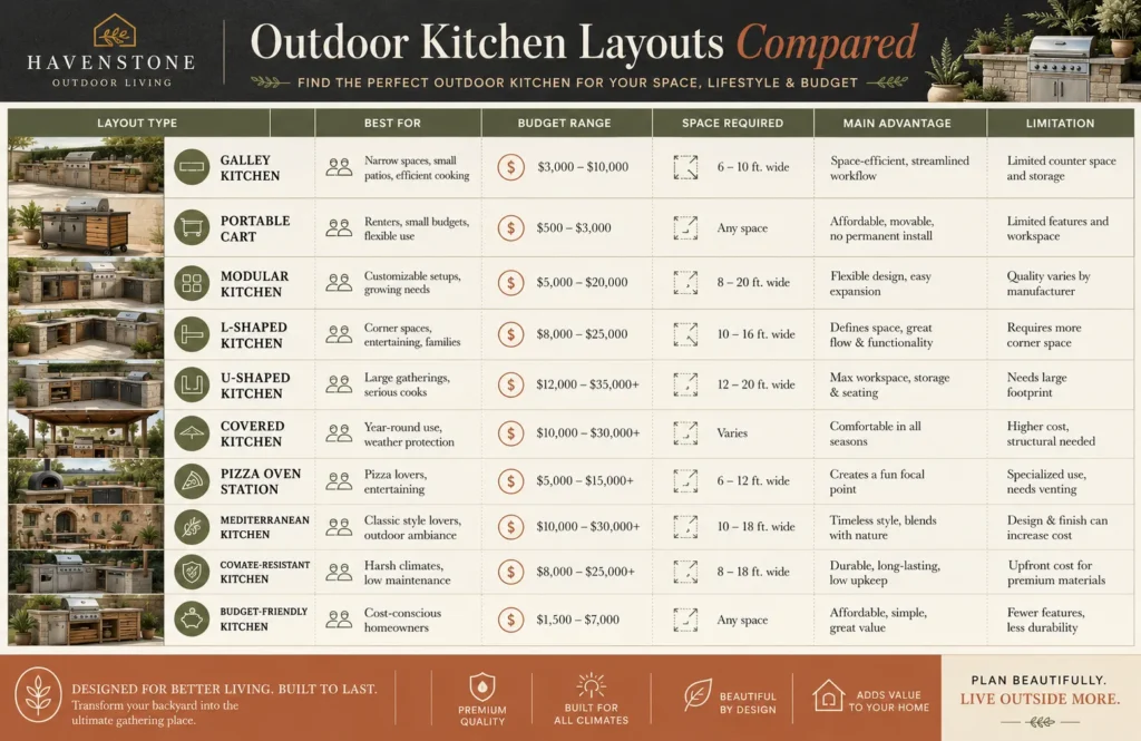 Outdoor kitchen comparison infographic showing layouts, costs, space requirements, and key benefits