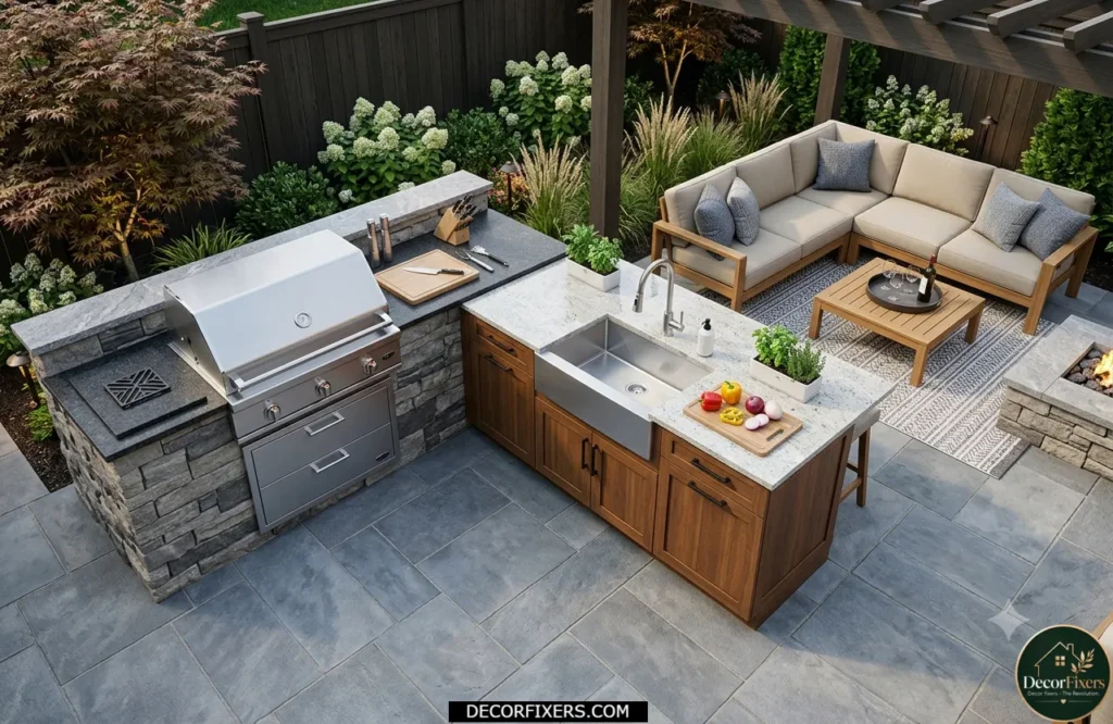 Outdoor kitchen layout showing cook, prep, and social zones arranged for efficient workflow