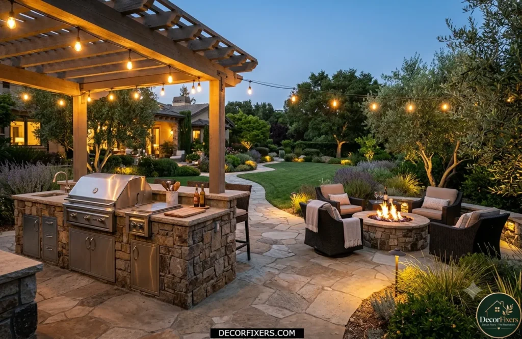 Outdoor kitchen with a separate fire pit gathering area