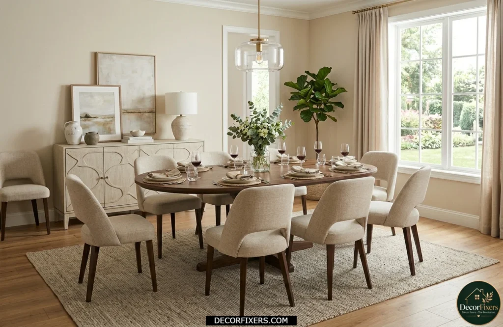 Oval pedestal dining table balancing seating capacity and traffic flow