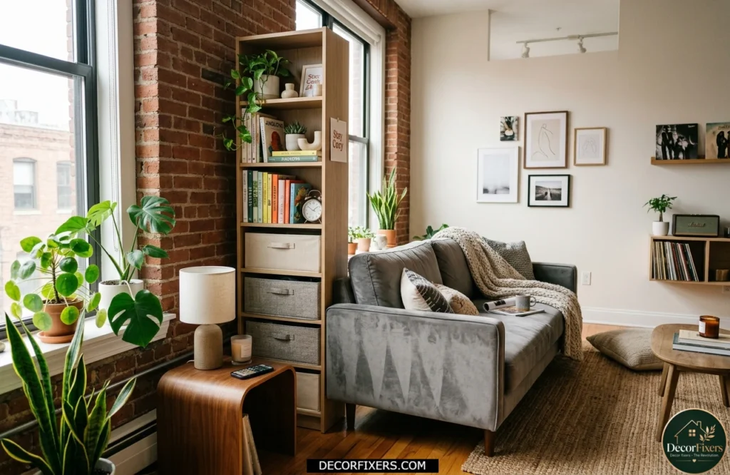 Narrow shelf tower behind a sofa creating extra storage without taking floor space