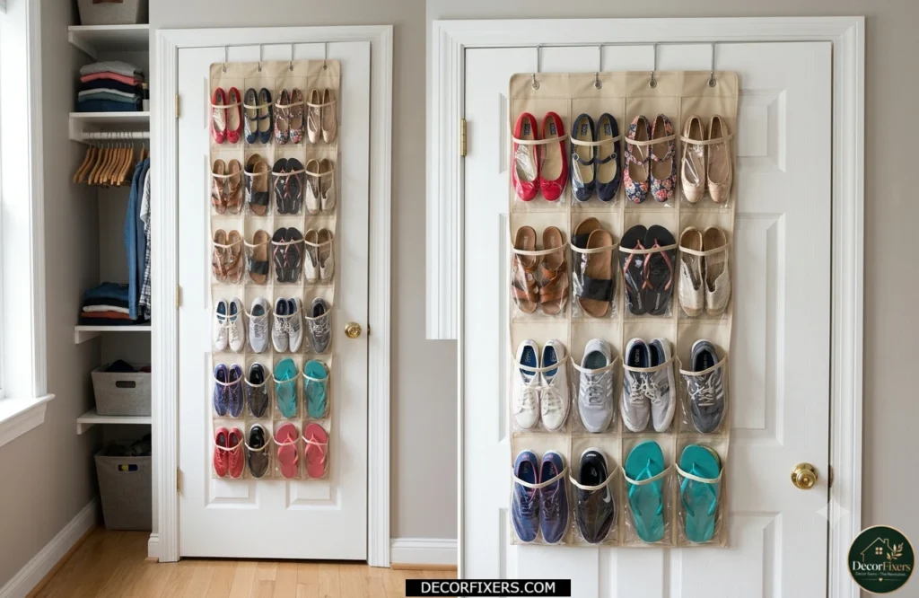 Over-the-door organizer storing shoes without using floor space