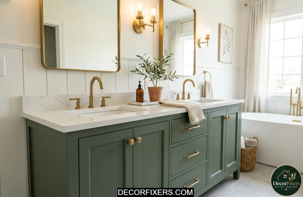 Painted bathroom vanity cabinet with brass hardware upgrade