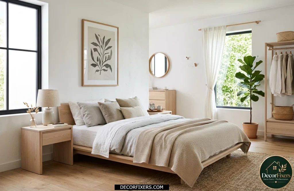Bright Scandinavian bedroom featuring pale raw wood furniture against crisp white walls.