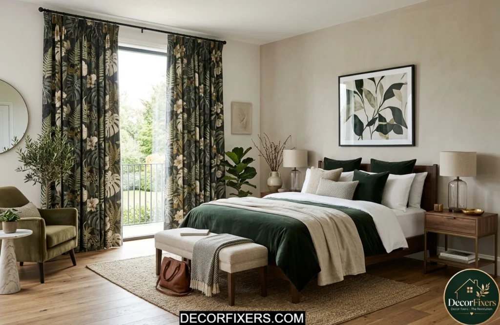 Botanical patterned curtains serving as the focal point of a bedroom