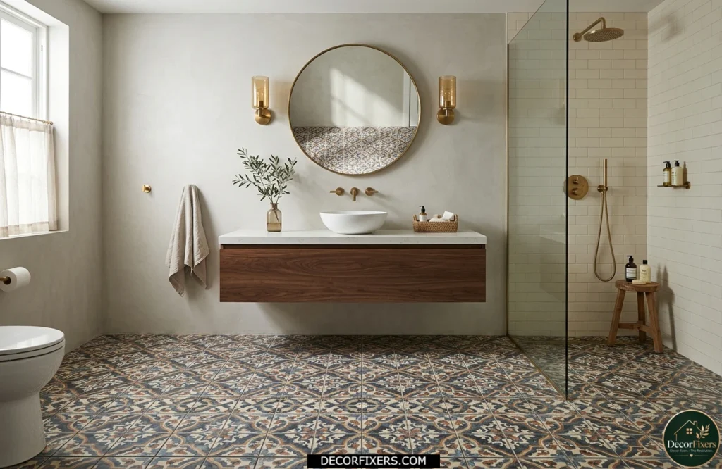 Patterned cement-look bathroom floor tile with Moroccan influence
