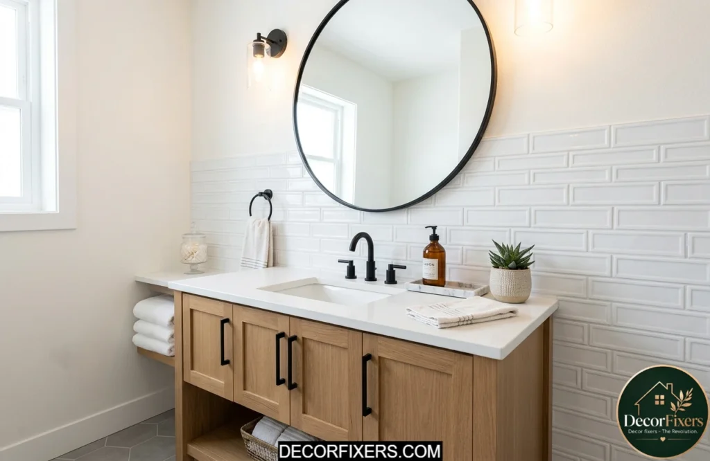 Bathroom vanity enhanced with peel-and-stick subway tile backsplash behind the sink area