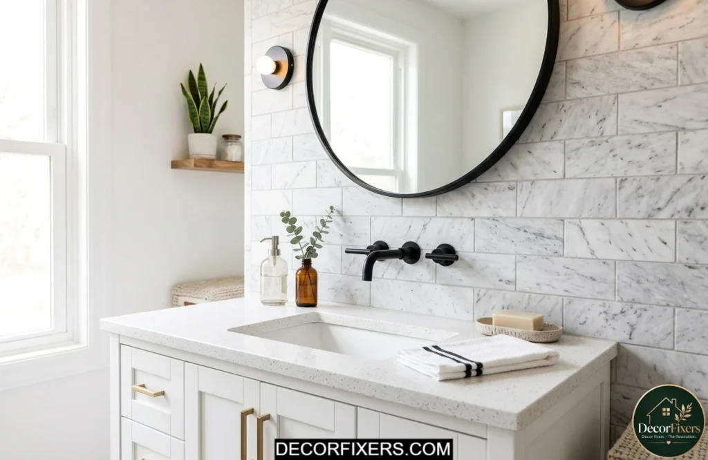 Peel and stick tile backsplash behind bathroom vanity