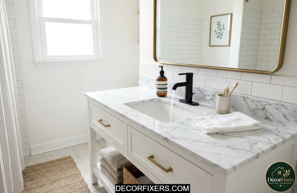 Peel and stick countertop film creating marble look vanity