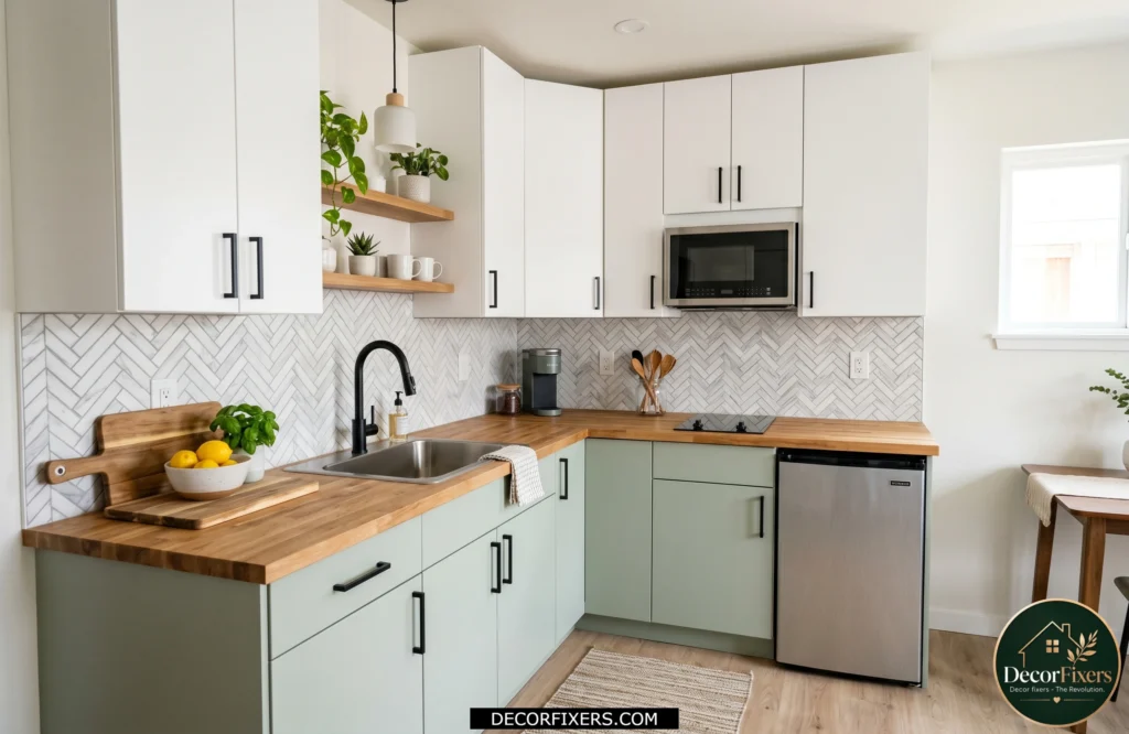 Peel-and-stick kitchen backsplash offering an affordable renter-friendly update.