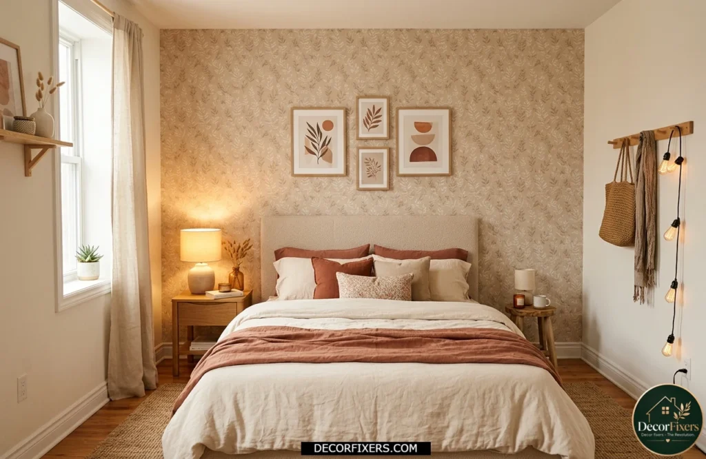 Small bedroom with decorative peel-and-stick wallpaper accent wall.
