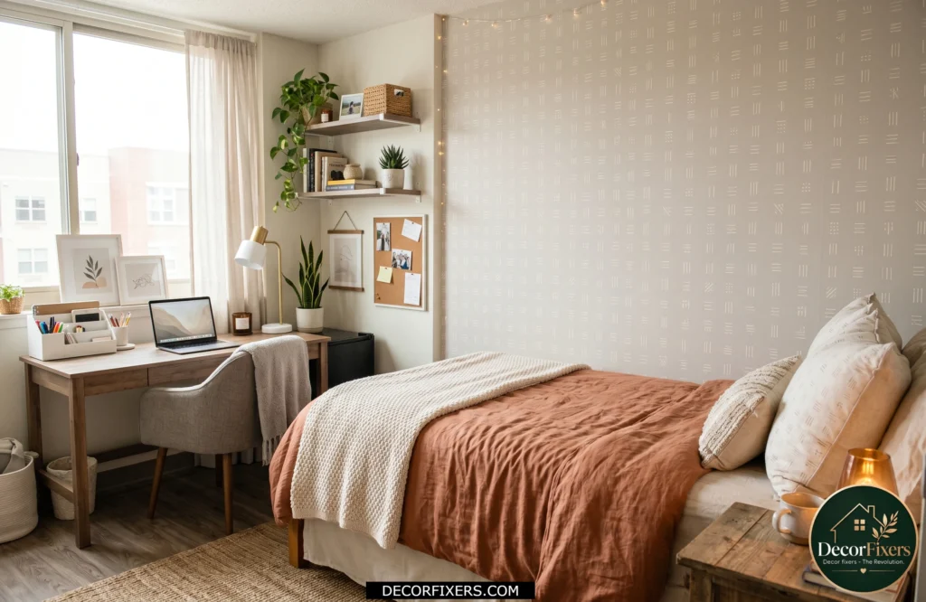 Dorm room accent wall decorated with removable peel-and-stick wallpaper.