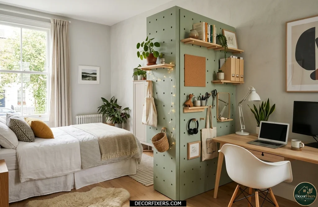 Freestanding pegboard divider separating bedroom zones while adding storage