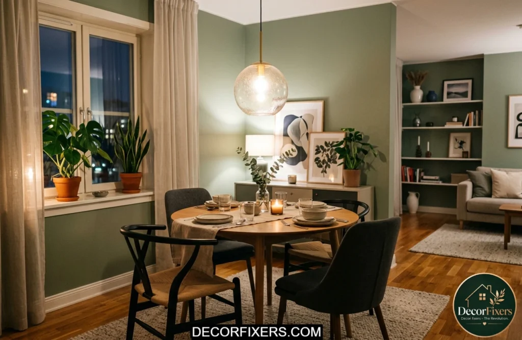 Tiny dining room ideas for apartments featuring a statement pendant light