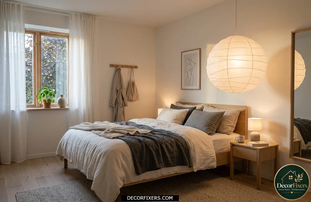 White Scandinavian bedroom featuring a statement pendant light above the bedside area.