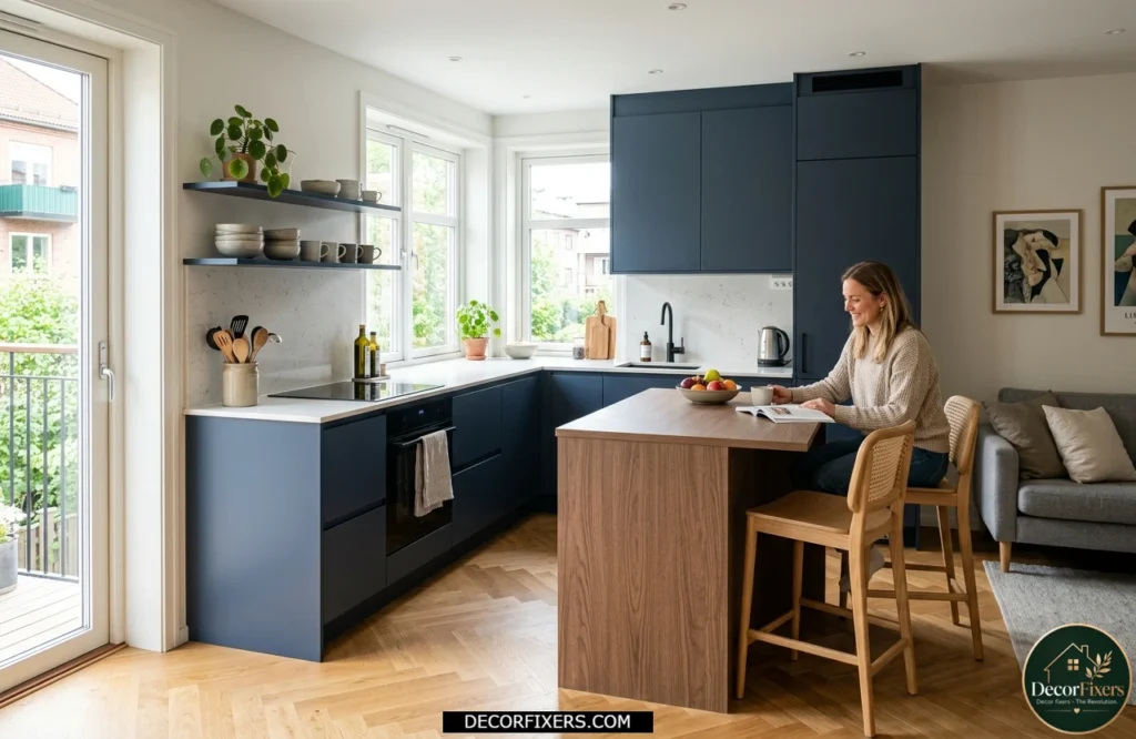 Space-saving kitchen peninsula with seating and efficient workflow for small kitchens.