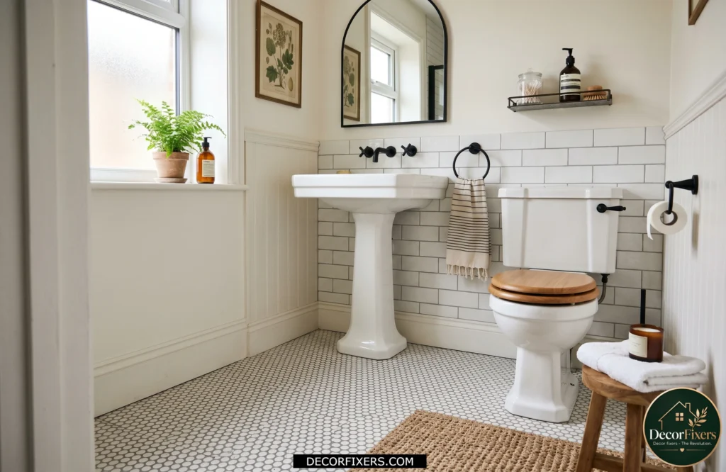 Penny round mosaic bathroom floor tile providing texture, grip, and vintage style.
