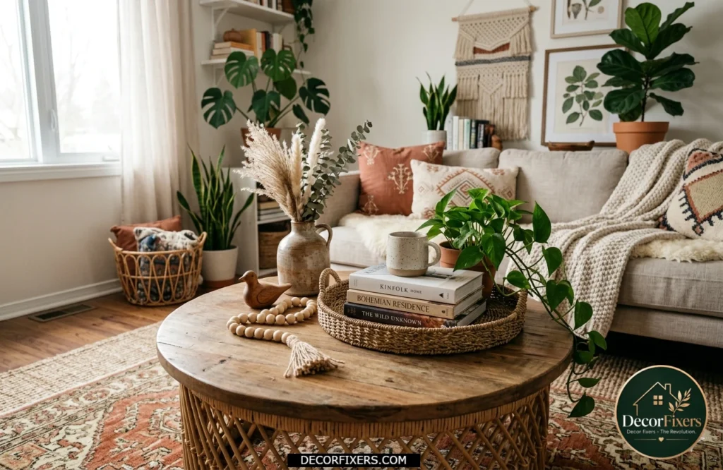Round coffee table featuring meaningful collected decor items that add personality and character.