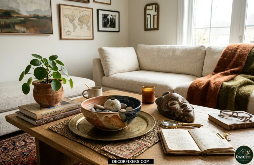 Coffee table styled with meaningful personal decorative objects