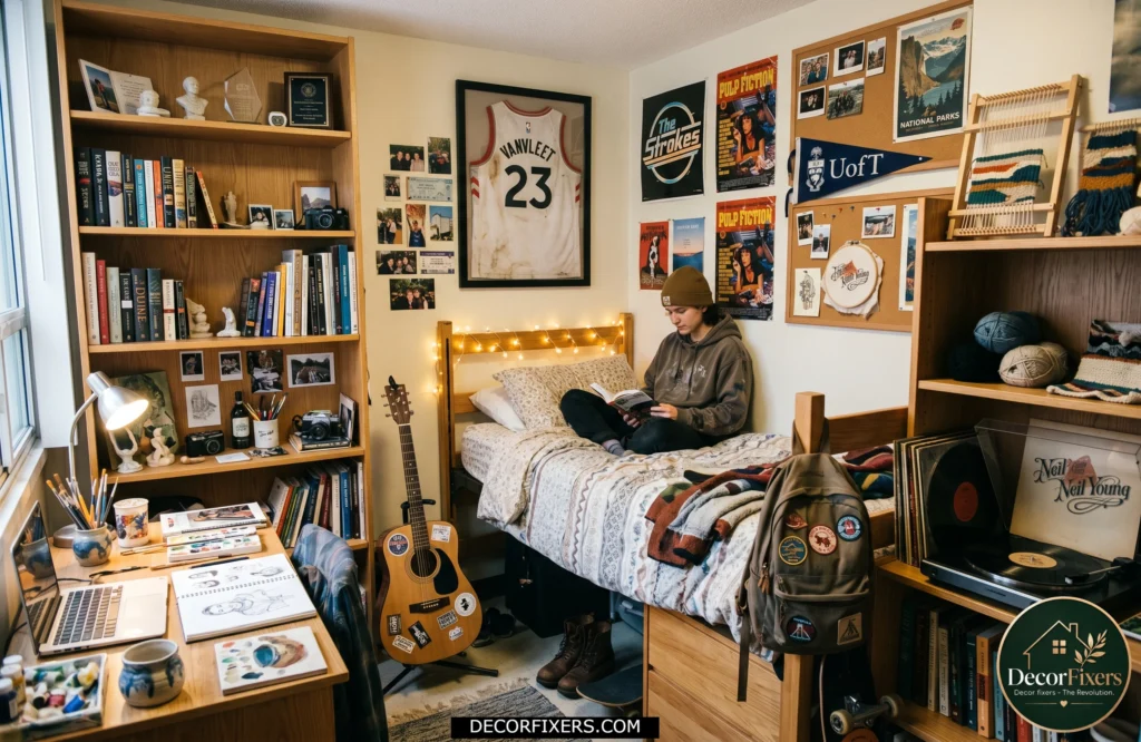 Personalized dorm room featuring hobby-related decor and memorabilia.