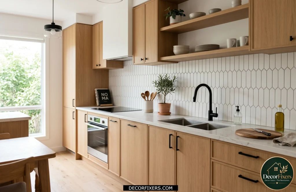 White picket tile backsplash featuring a modern geometric pattern in the kitchen.