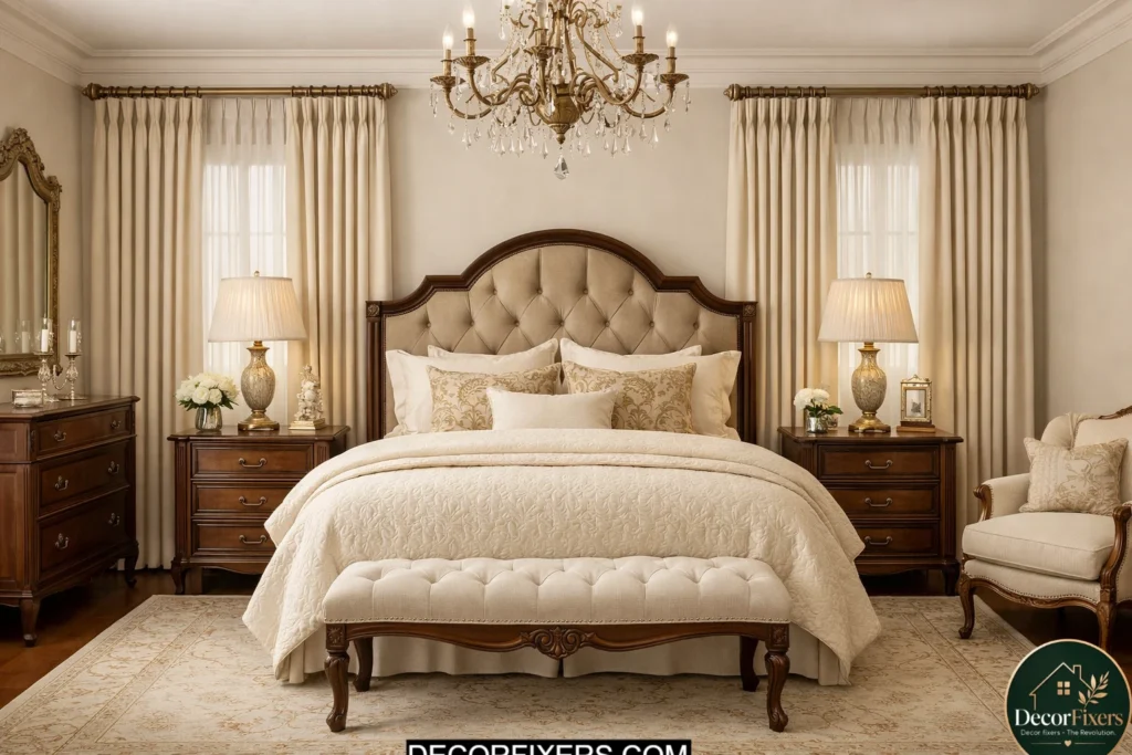 Tailored pinch pleat drapes adding elegance to a traditional bedroom
