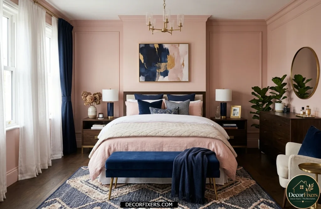 Pink bedroom styled with navy blue accents for a sophisticated contrast.