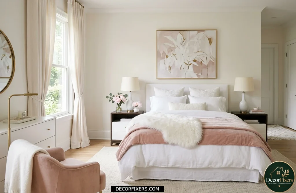 Sophisticated pink and white bedroom with layered white tones and blush accents.
