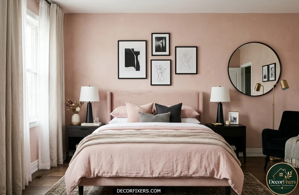 Blush pink bedroom enhanced with stylish matte black decorative accents.