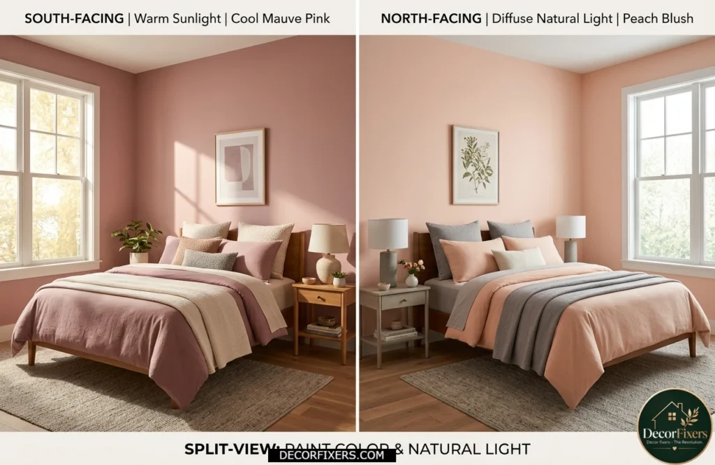 Comparison of pink bedroom paint colors in north-facing and south-facing rooms.