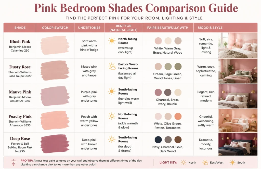 Comparison chart of pink bedroom shades showing blush, dusty rose, mauve, peachy pink, and deep rose with lighting recommendations and decor pairings.