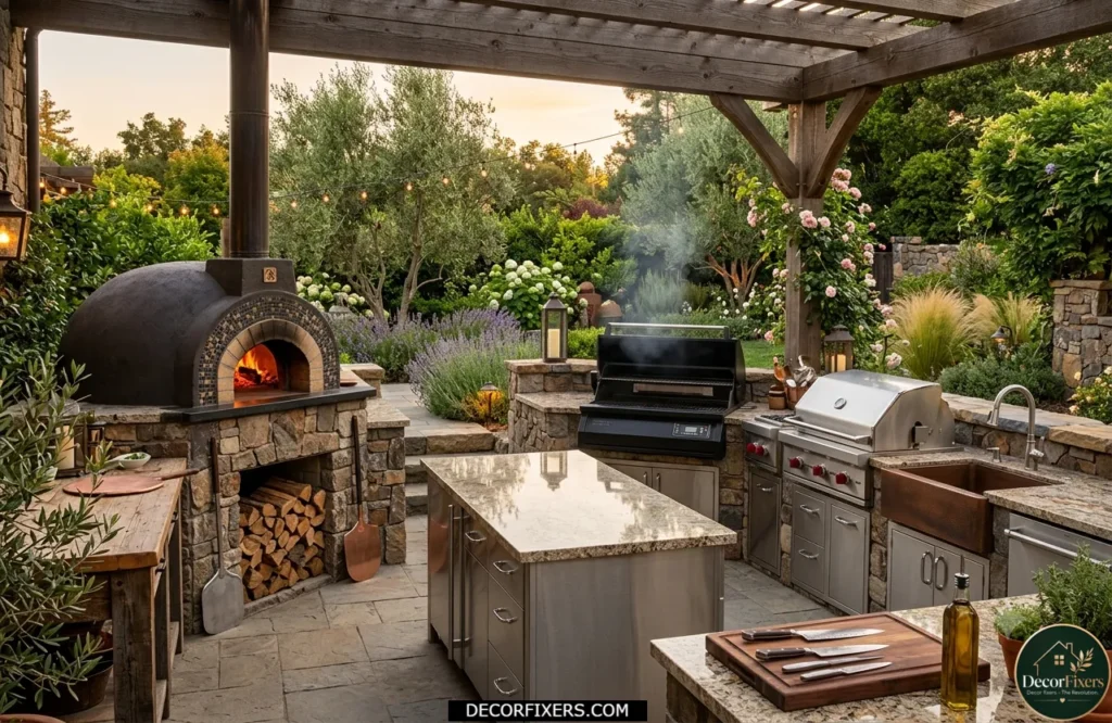 Outdoor kitchen with separate pizza oven and smoker stations
