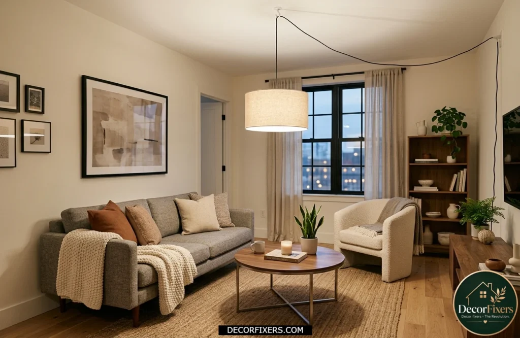 Plug-in pendant light creating a focal point in a small living room.