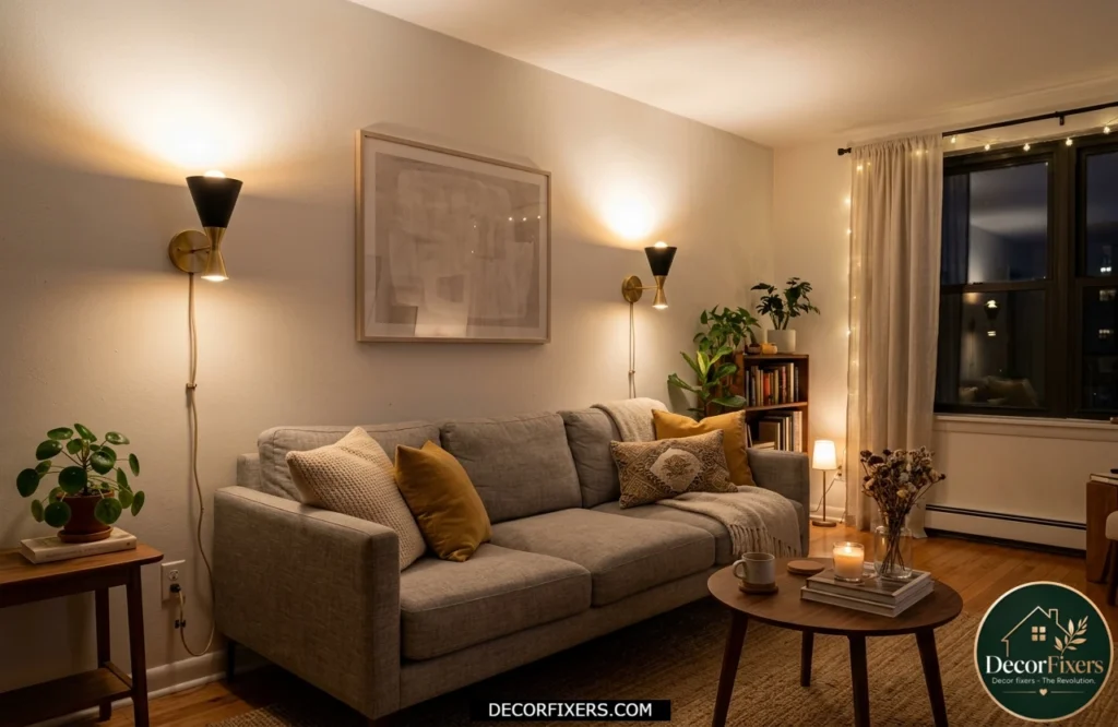 Plug-in wall sconces adding mid-level lighting to a compact living room.