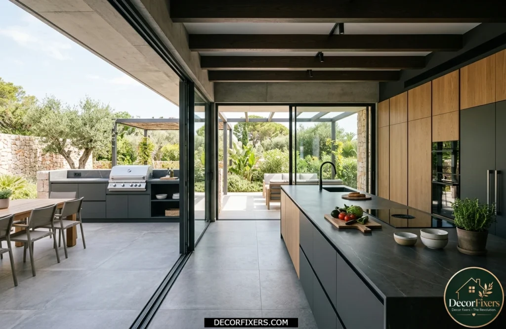 Modern kitchen with porcelain slab countertops and seamless indoor-outdoor design