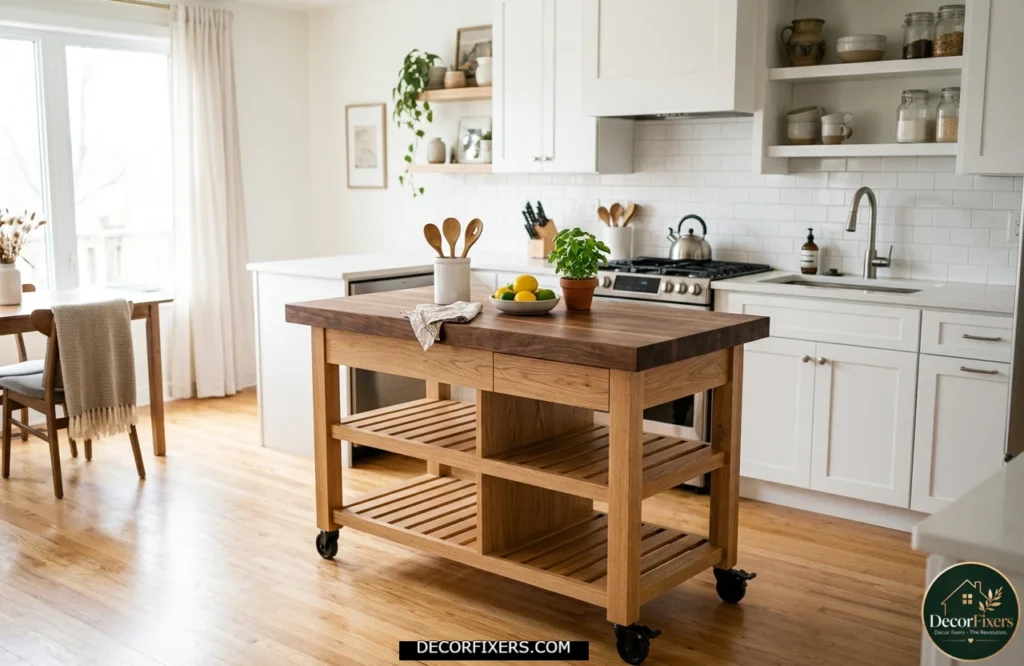 Portable kitchen island on locking wheels with a solid wood work surface.