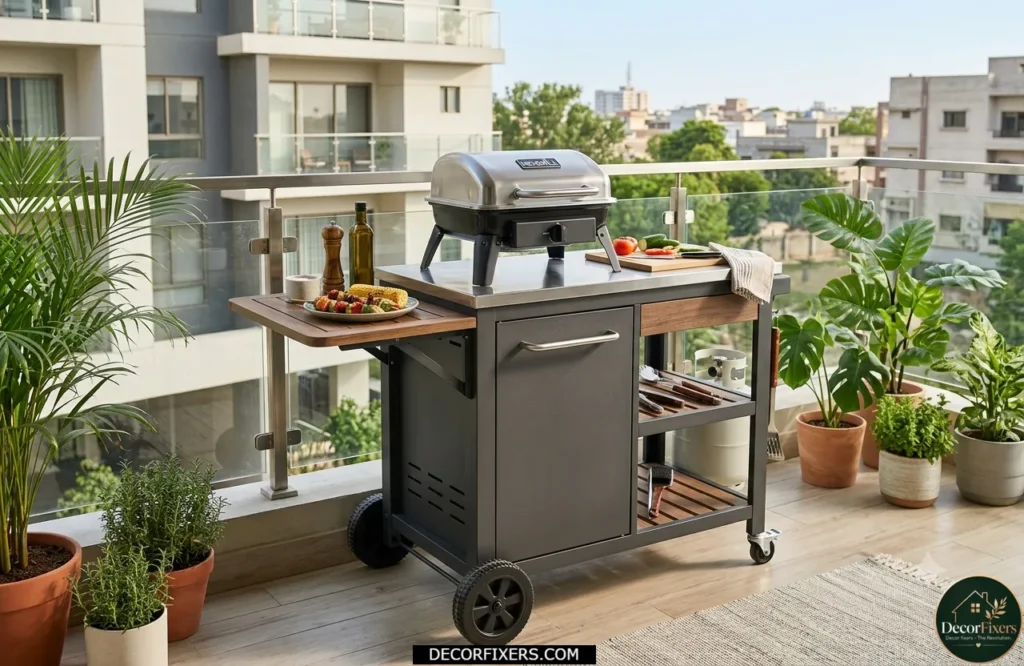Portable outdoor kitchen cart with prep shelf on a small patio