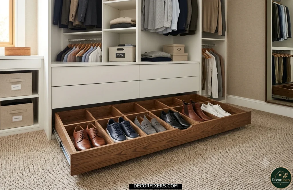 Pull-out drawer organizer storing shoes inside a closet