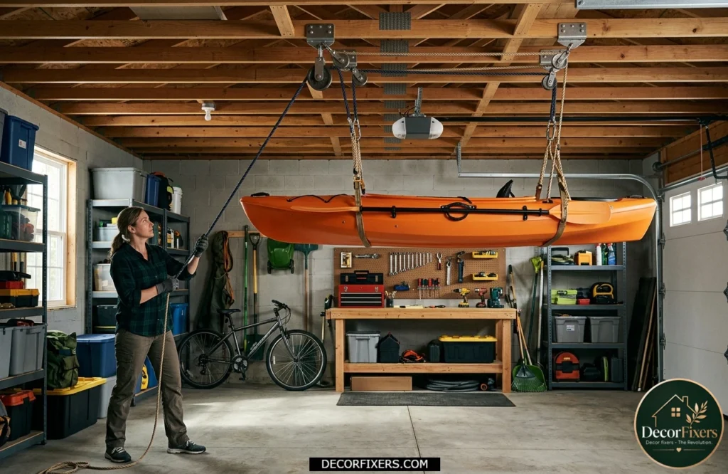 Garage ceiling pulley hoist lifting a kayak safely overhead for efficient storage.