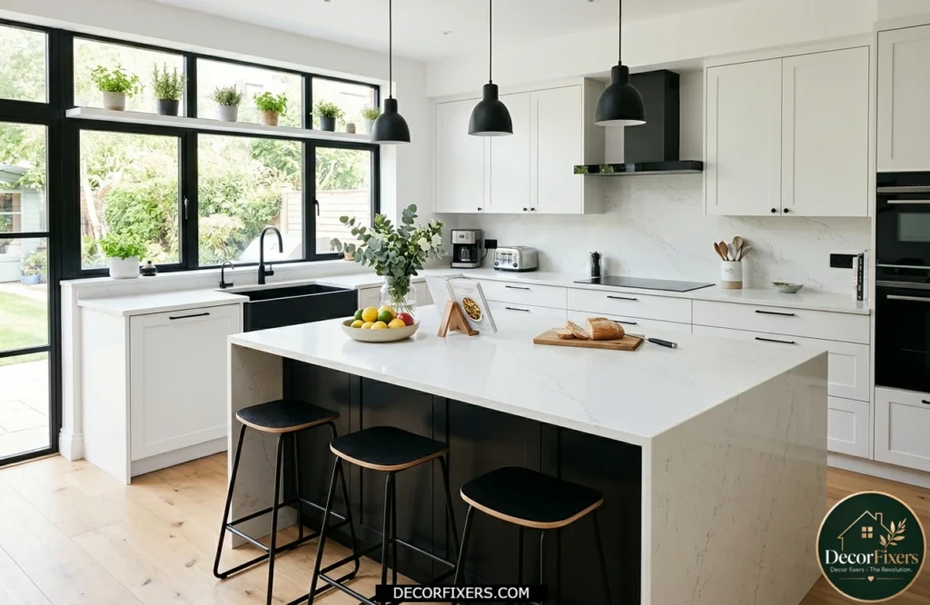Modern kitchen with white quartz countertops, gray veining, and a spacious island