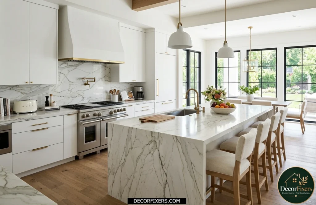 Bright designer kitchen showcasing quartzite countertops with elegant natural veining