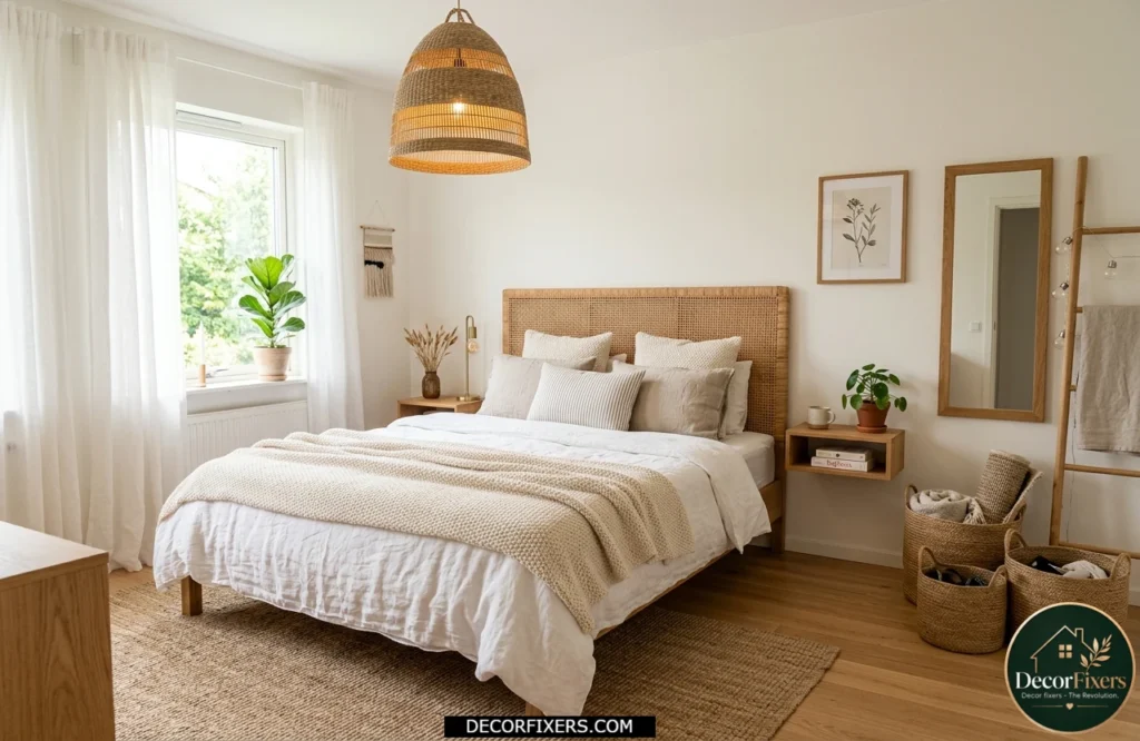 Scandinavian bedroom with woven rattan headboard, jute accessories, and natural fiber décor.
