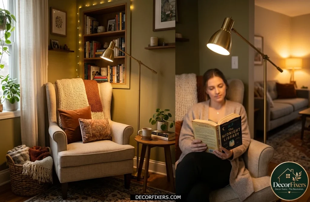 Task lamp illuminating a reading chair in a small living room.