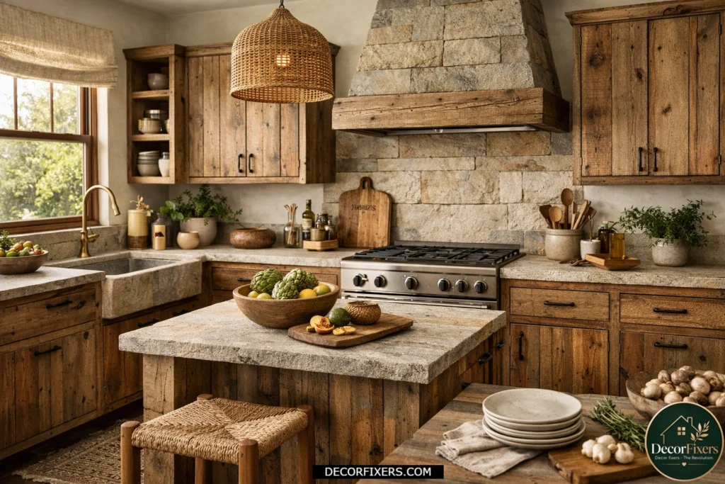 Warm kitchen featuring reclaimed wood cabinetry and sustainable materials