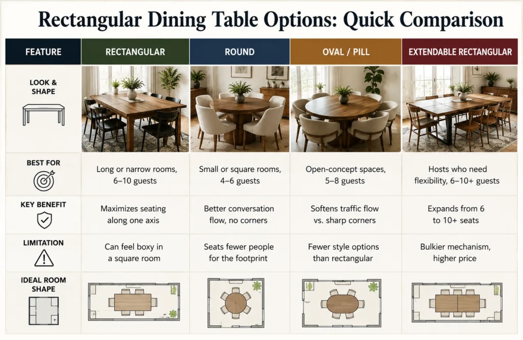 Comparison chart of rectangular, round, oval, and extendable dining tables showing best uses, benefits, limitations, seating capacity, and ideal room shapes