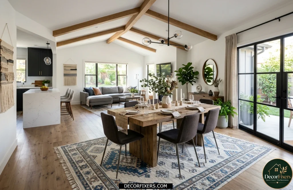 Rectangular dining table centered on a large area rug in an open-concept home