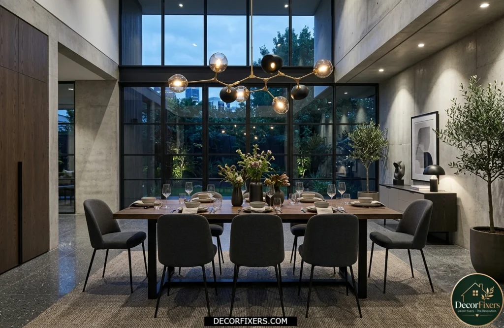 Rectangular dining table beneath a statement pendant light in a modern dining room