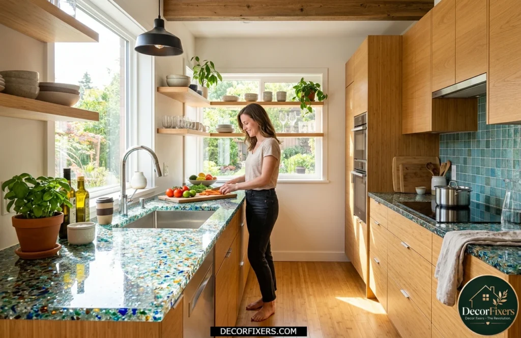 Eco-friendly kitchen showcasing colorful recycled glass countertops and sustainable materials