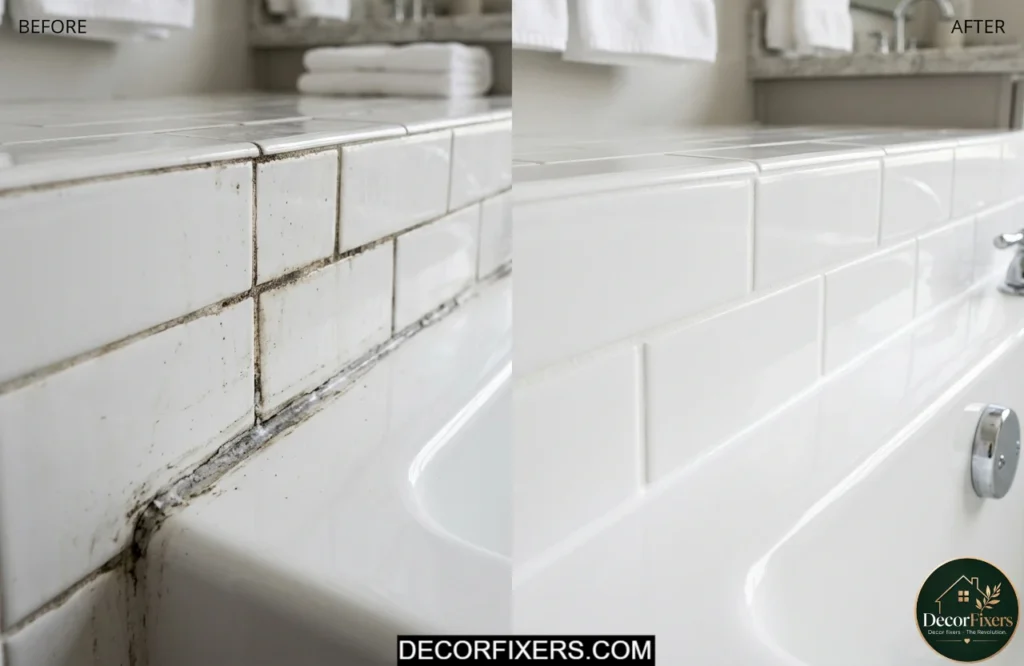 Fresh grout and caulk making old bathroom tile look new