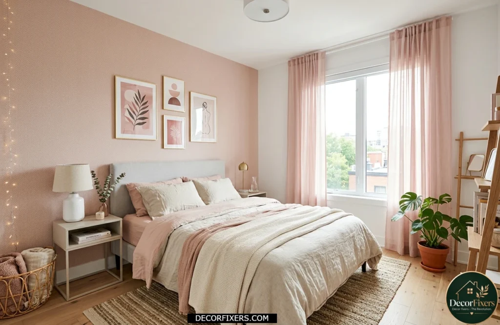 Rental-friendly blush pink bedroom with removable wallpaper and soft textiles.